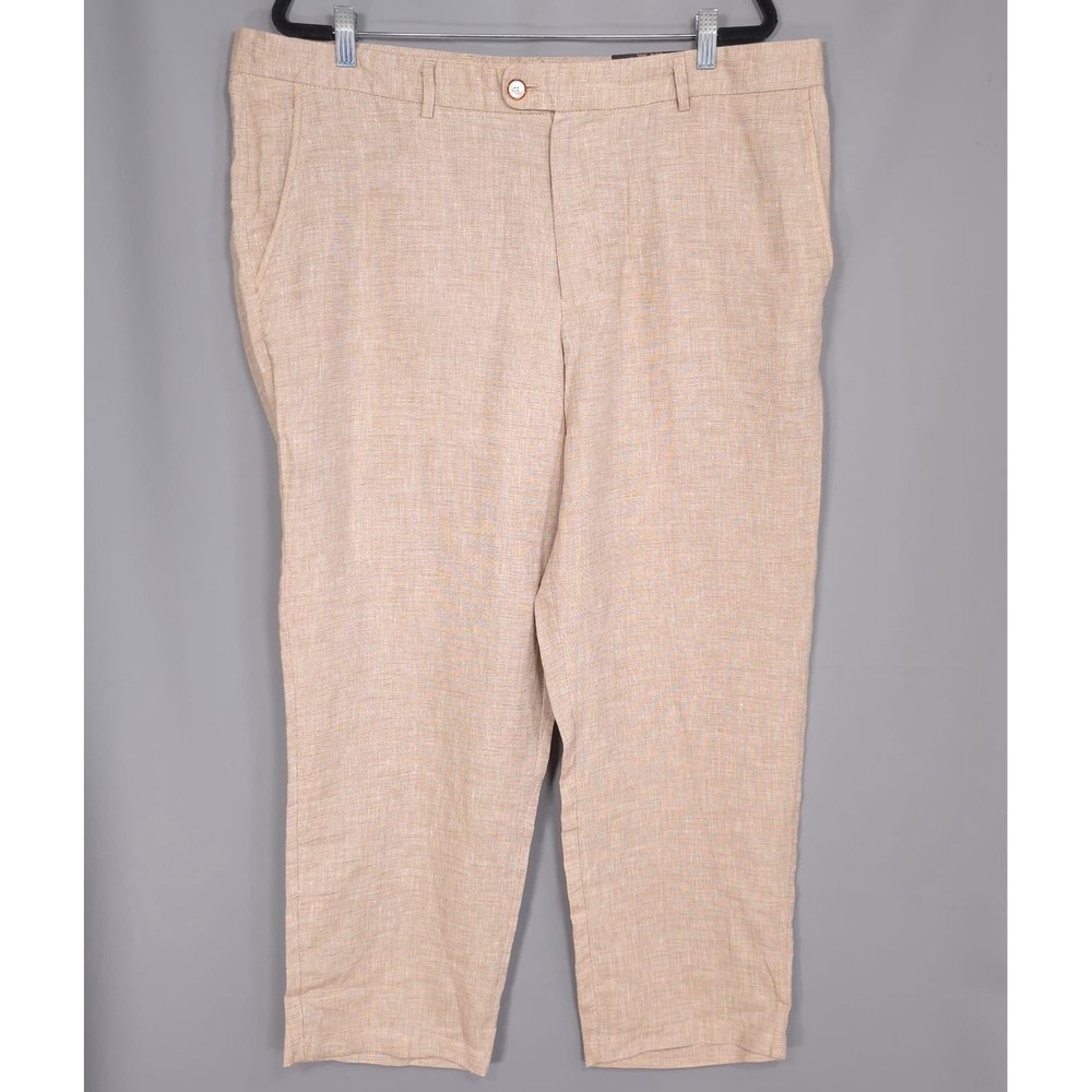 Tasso Elba 100% Linen Pants Khaki 38W 30L Casual Dress Flat Front Lightweight